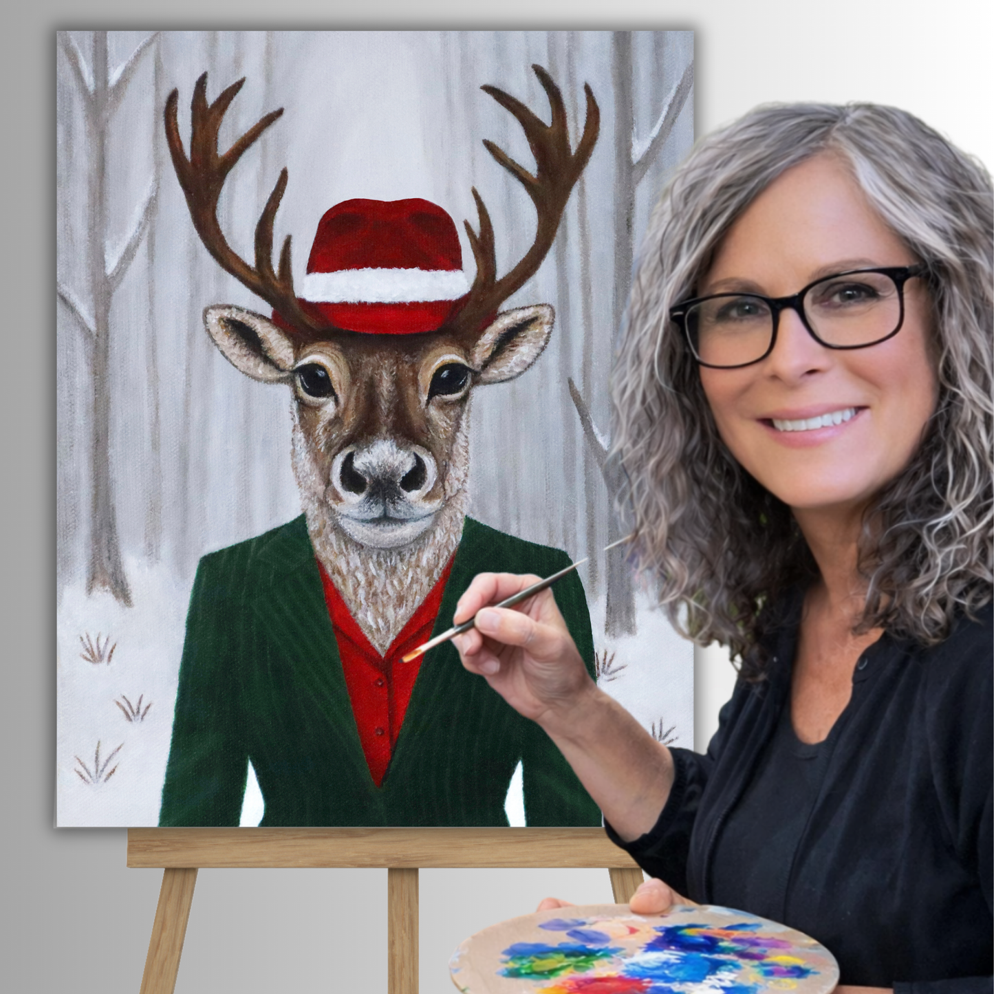 Roberta Pacino with her original Roxy Reindeer acrylic painting