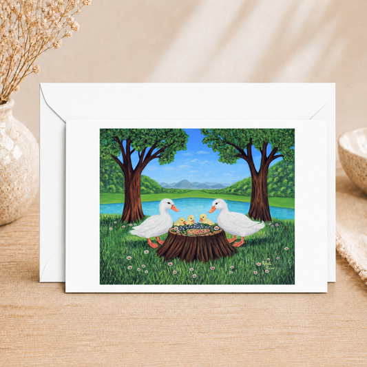 Sunlit Supper fine art greeting card featuring a family of Pekin ducks, from an original painting by Roberta Pacino