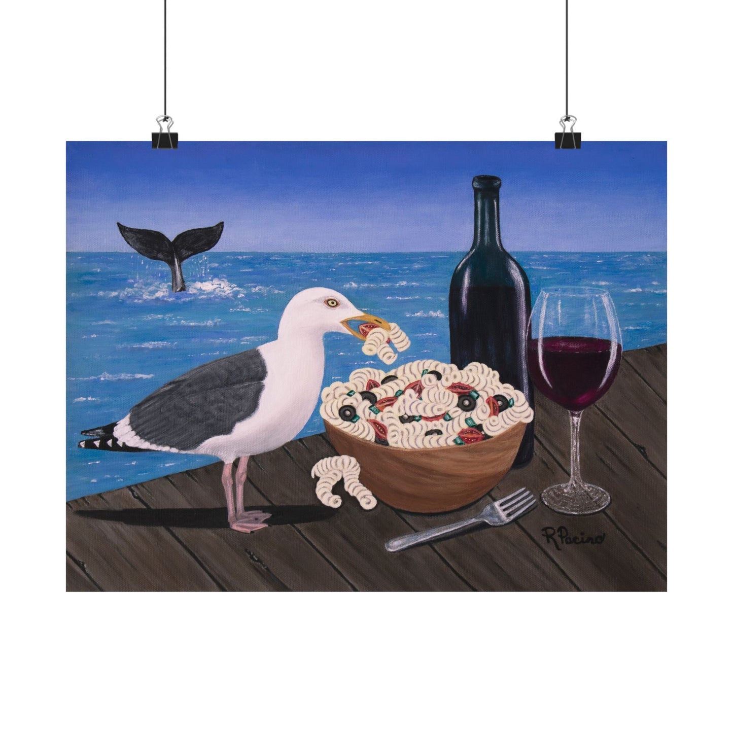 Pasta on the Pier – Whimsical Seagull Dining Art, Coastal Scene, by Roberta Pacino