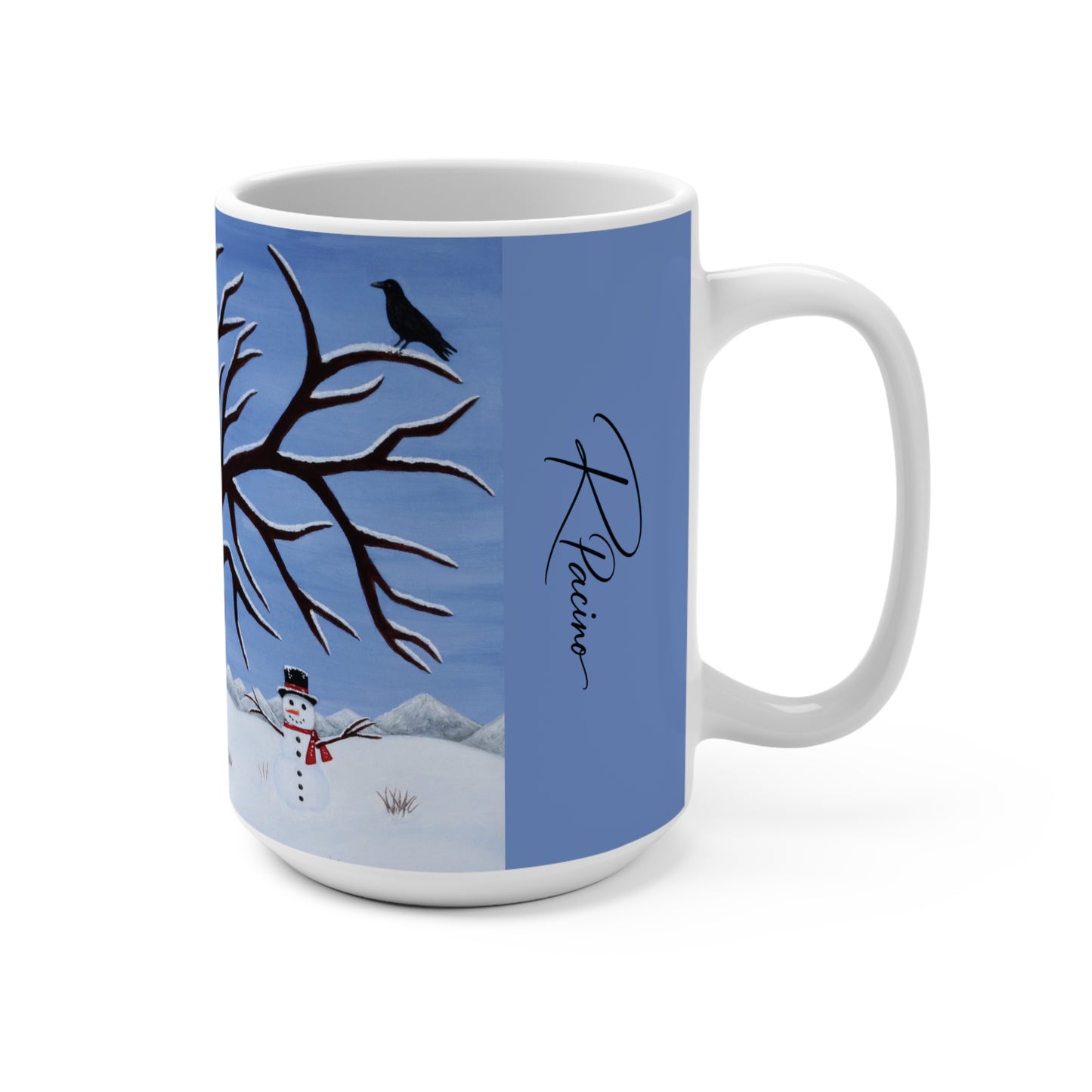 A white ceramic mug featuring a winter-themed wraparound print with a blue sky, bare tree branches, a snowman, a black bird, and a cursive signature by R Pacino.