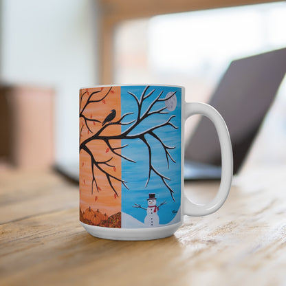 15 oz Mug with seasonal design featuring a bird, tree, and snowman on a wooden surface. Tree of Life by Roberta Pacino