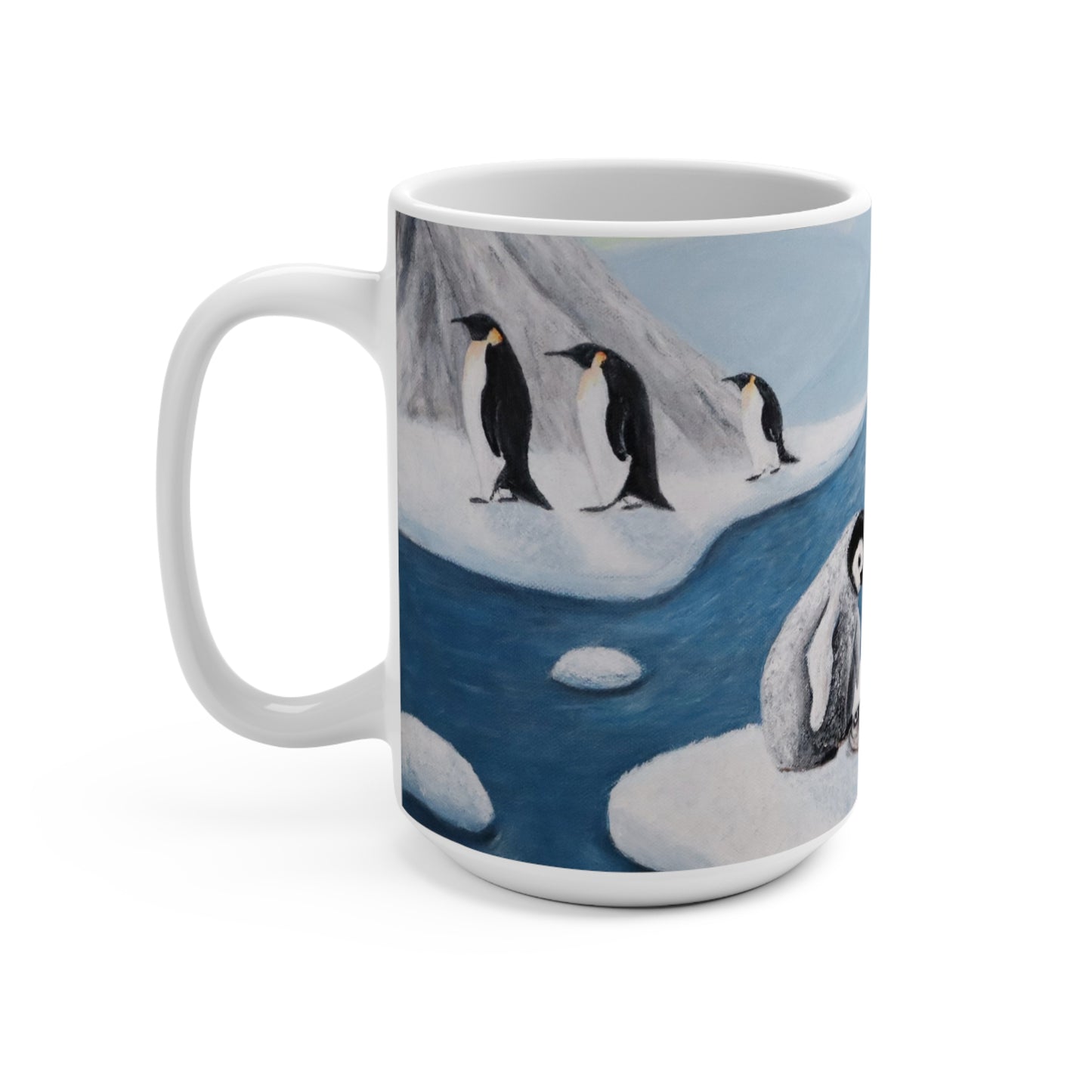 Whimsical Penguin Coffee Mug – 15oz Original Art, Antarctic Wildlife Scene, Icy Love by Roberta Pacino