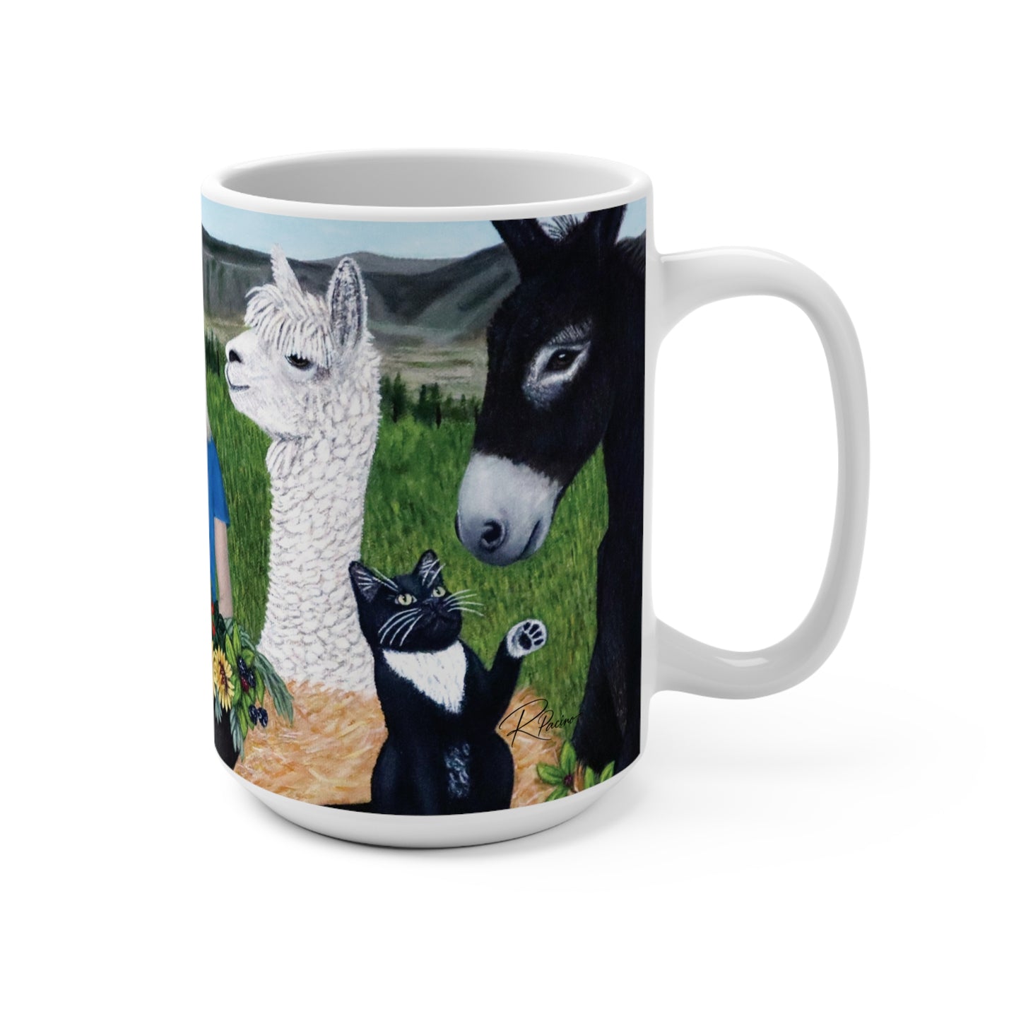 Barnyard Banquet ceramic mug showing opposite side of wraparound farm artwork