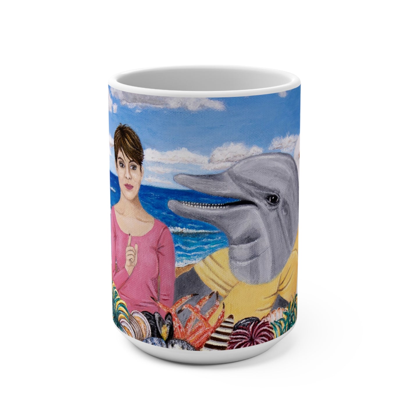 Whimsical Ocean Wildlife Coffee Mug – 15oz Original Art, Pelican, Dolphin & Walrus, Seaside Snacks by Roberta Pacino