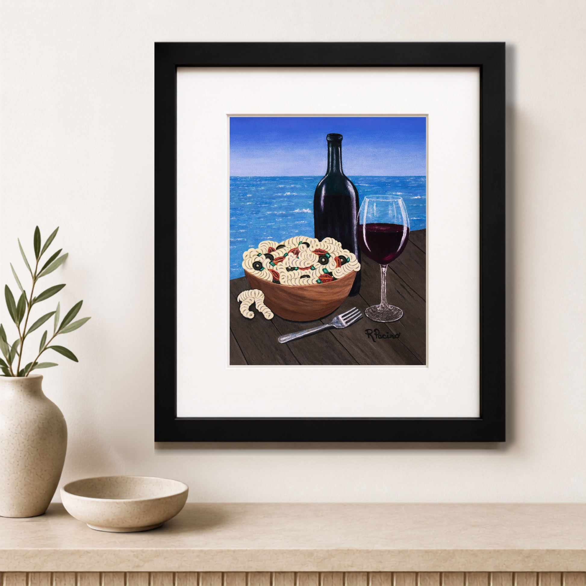 Al Fresco at the Pier coastal framed print by Roberta Pacino with pasta red wine and ocean view
