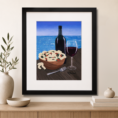 Al Fresco at the Pier large coastal framed print by Roberta Pacino displayed in a room