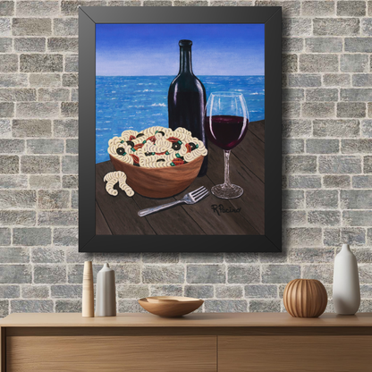 Al Fresco at the Pier framed coastal wall art print by Roberta Pacino featuring a seagull eating pasta salad on a sunlit pier