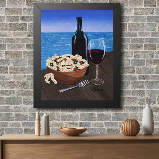 Al Fresco at the Pier framed coastal wall art print by Roberta Pacino featuring a seagull eating pasta salad on a sunlit pier