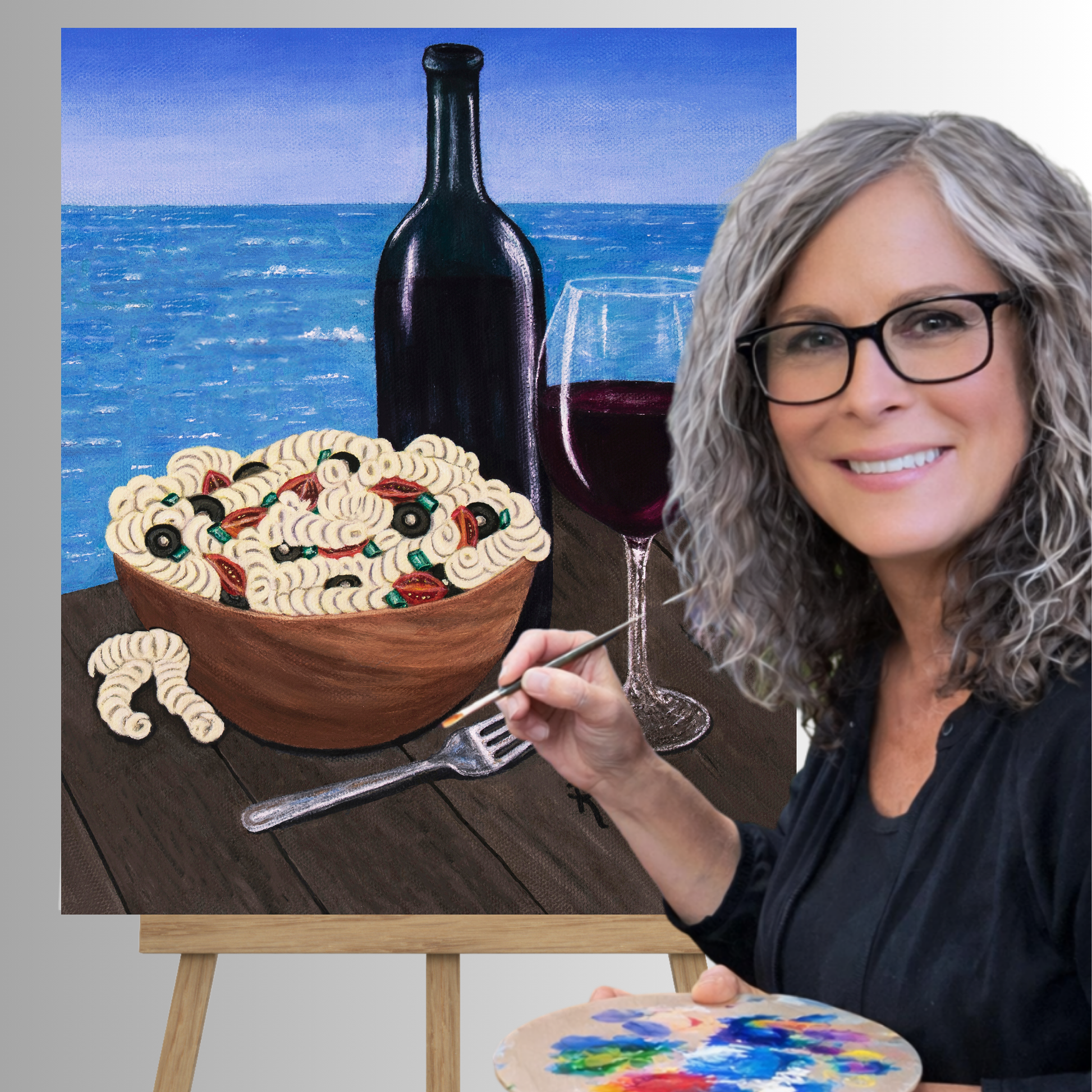 Roberta Pacino with original Pasta on the Pier acrylic painting