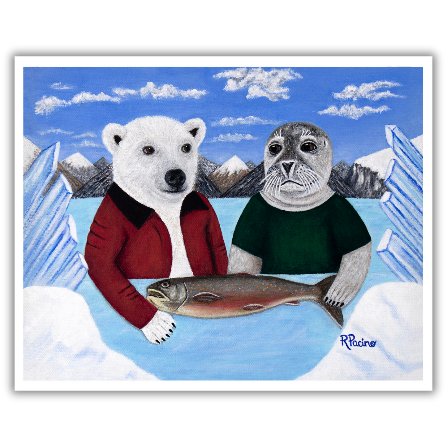 Arctic Appetite by Roberta Pacino, a whimsical Arctic museum print featuring a polar bear in a red coat and a harp seal sharing a fish in an icy landscape.