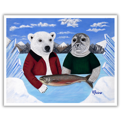 Arctic Appetite by Roberta Pacino, a whimsical Arctic museum print featuring a polar bear in a red coat and a harp seal sharing a fish in an icy landscape.