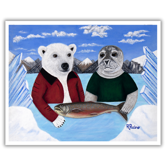 Arctic Appetite by Roberta Pacino, a whimsical Arctic museum print featuring a polar bear in a red coat and a harp seal sharing a fish in an icy landscape.