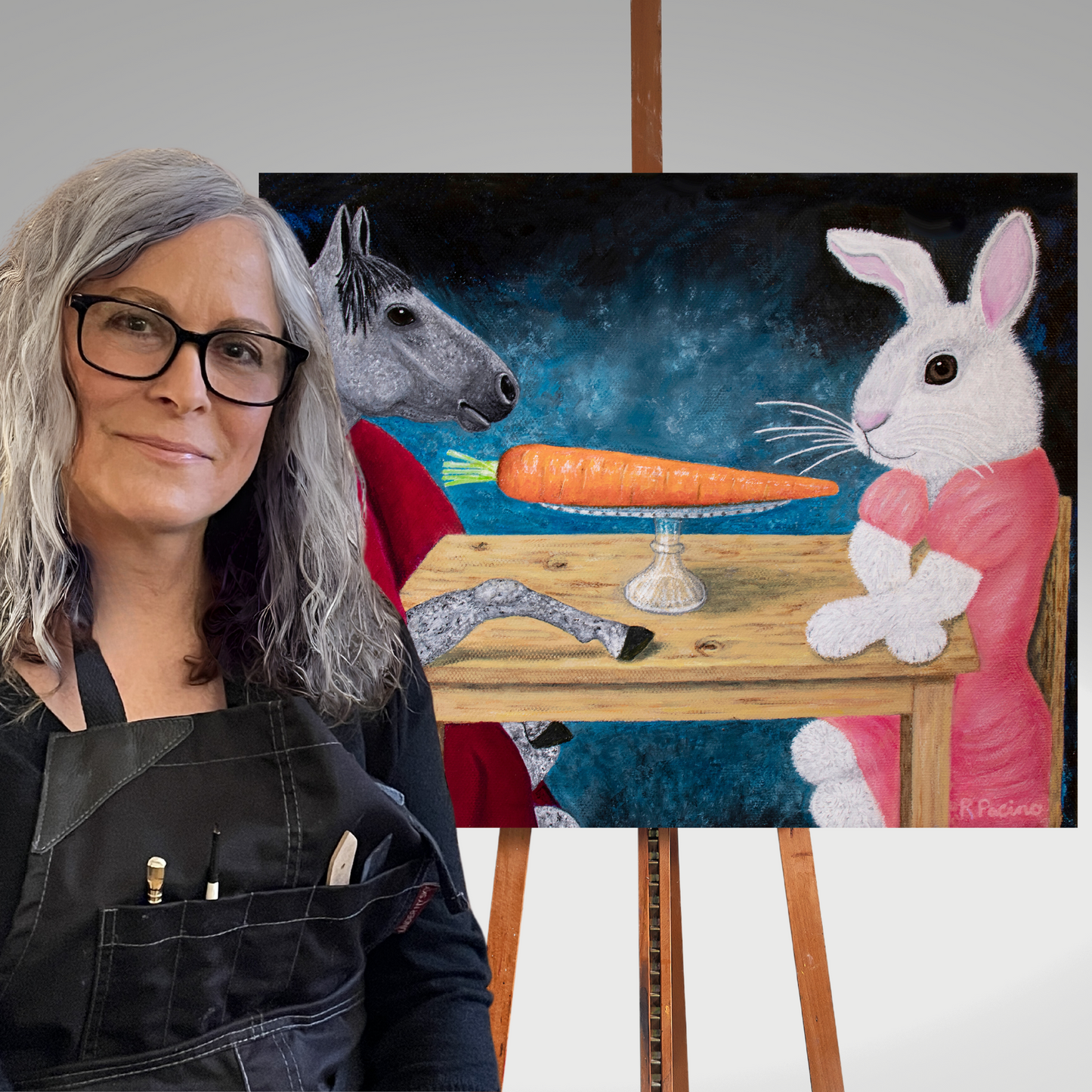 Single Carrot – Whimsical Horse & Rabbit Art, Symbolic Fine Art by Roberta Pacino