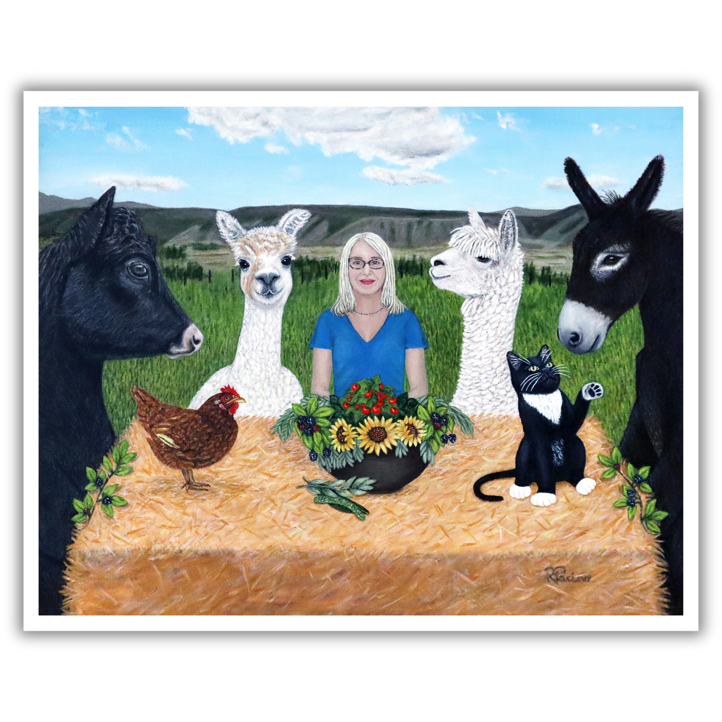 Print of a painting by Roberta Pacino of a woman surrounded by farm animals and plants on a hay bale with a scenic background.