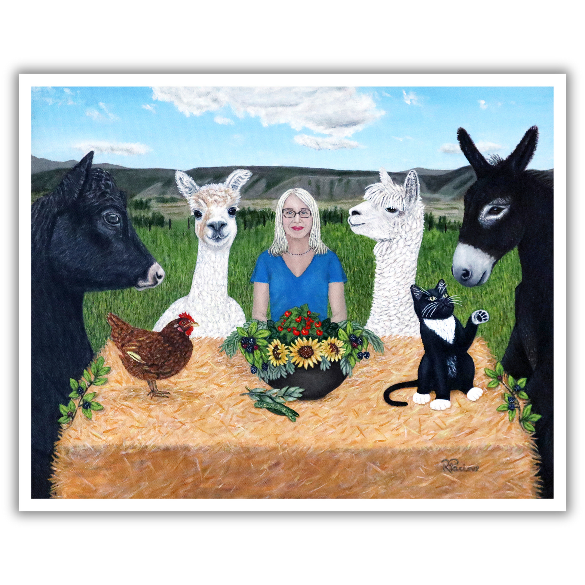 Print of a painting by Roberta Pacino of a woman surrounded by farm animals and plants on a hay bale with a scenic background.
