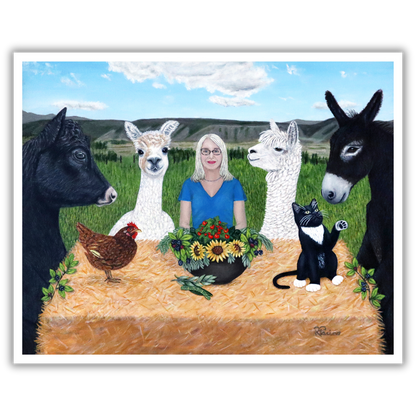 Print of a painting by Roberta Pacino of a woman surrounded by farm animals and plants on a hay bale with a scenic background.