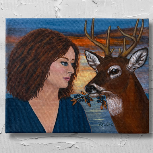Buck’s Return original acrylic painting of a woman and symbolic buck offering a berry-laden branch at sunset by Roberta Pacino.