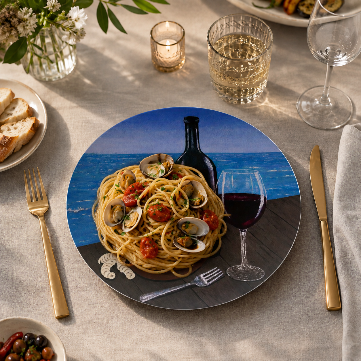 Al Fresco at the Pier – Dinner Plate, Original Art by Roberta Pacino