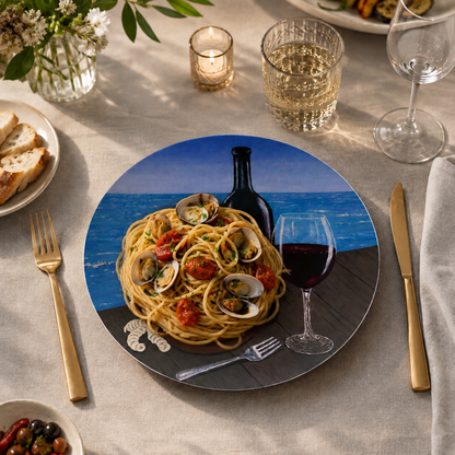 Al Fresco at the Pier – Dinner Plate, Original Art by Roberta Pacino
