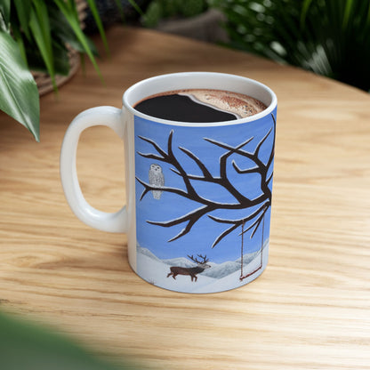 Whimsical Winter Coffee Mug – 11oz Snowy Wildlife Art Cup, Pure Presence by Roberta Pacino