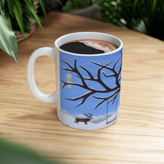 Whimsical Winter Coffee Mug – 11oz Snowy Wildlife Art Cup, Pure Presence by Roberta Pacino