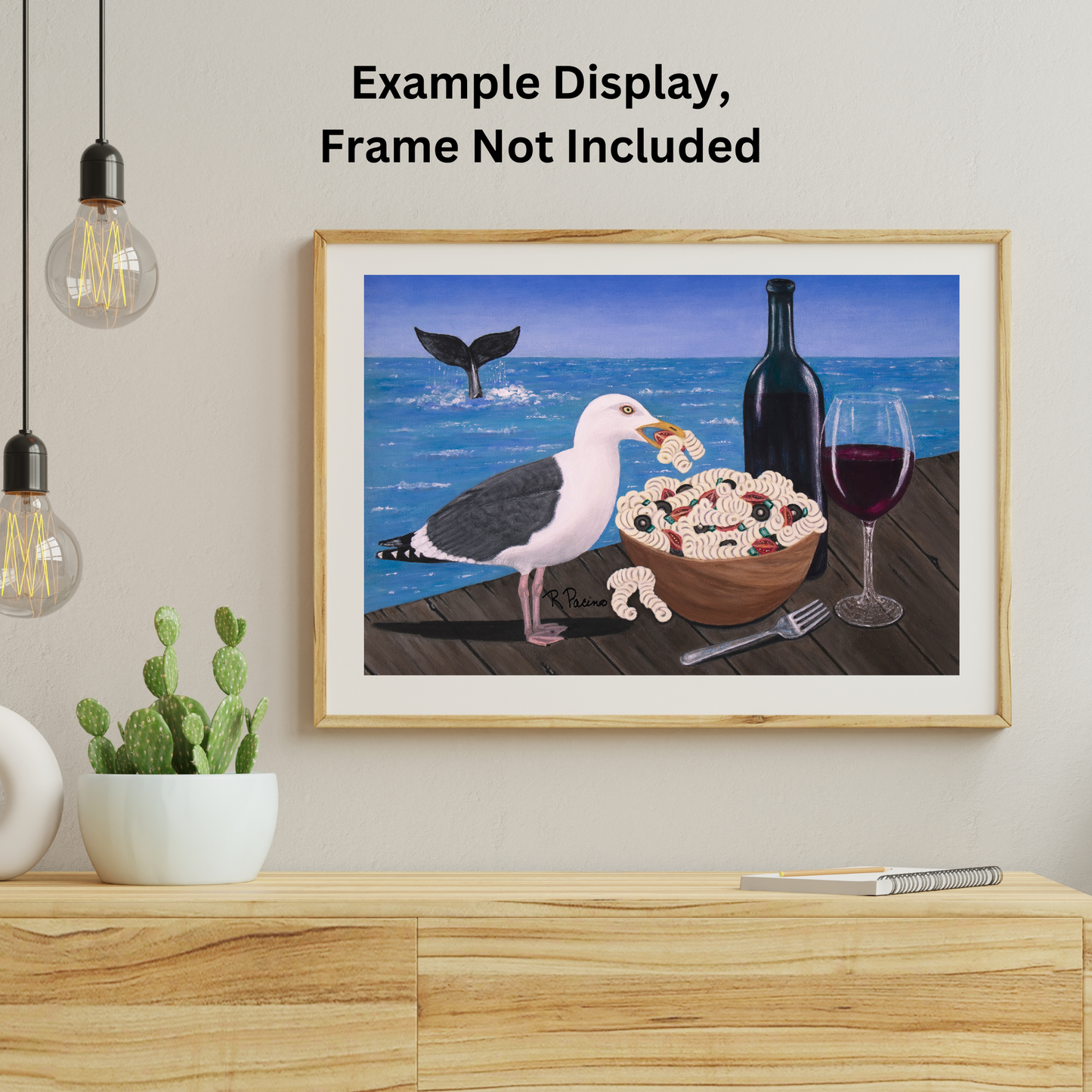 Pasta on the Pier – Whimsical Seagull Dining Art, Coastal Scene, by Roberta Pacino