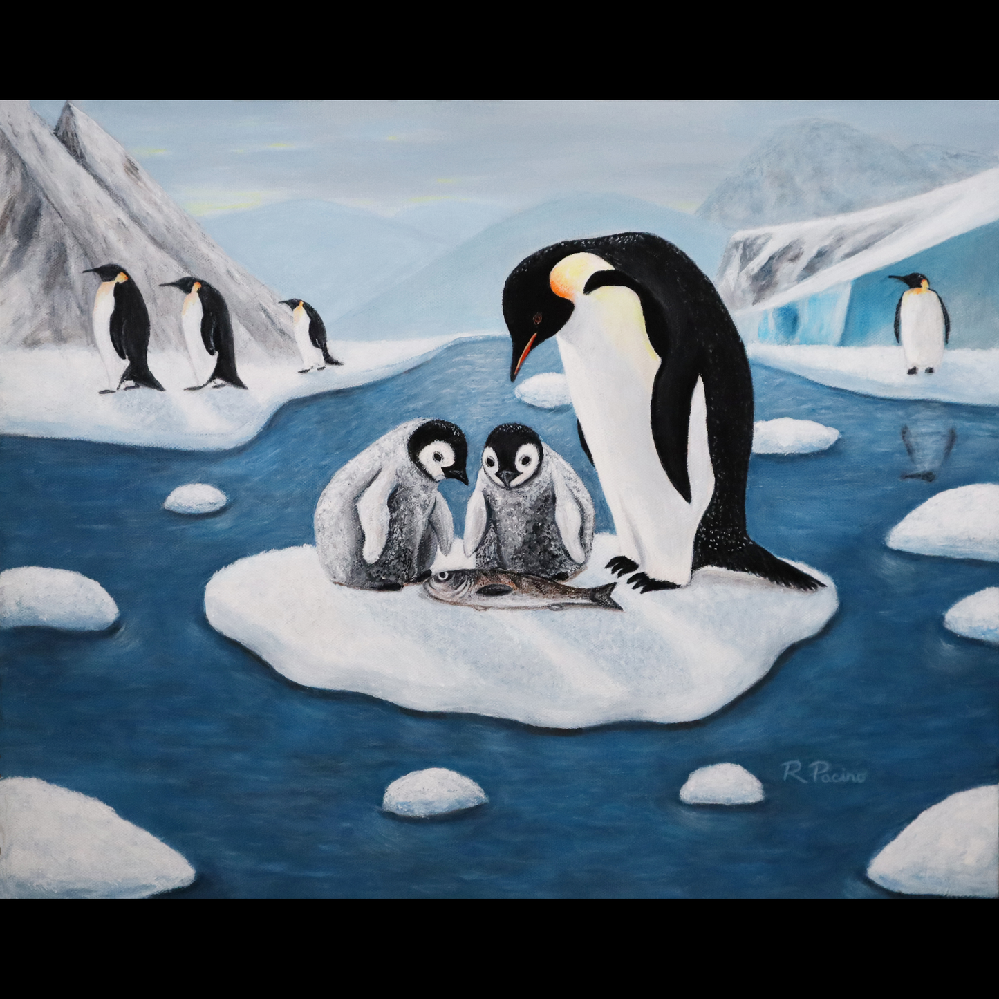 Icy Love – Whimsical Penguin Family Art, Antarctic Scene, by Roberta Pacino