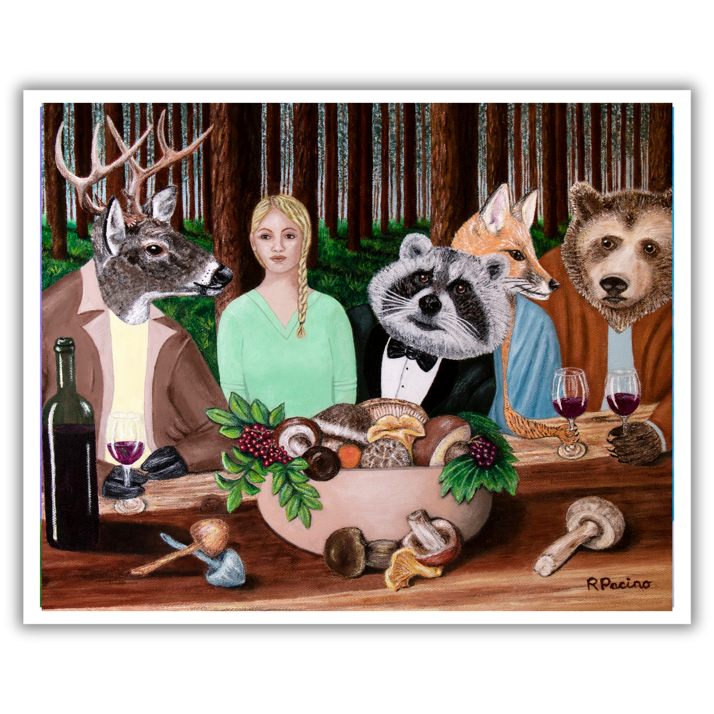 Print of a painting by Roberta Pacino of a woman with animals around a table in a forest setting.