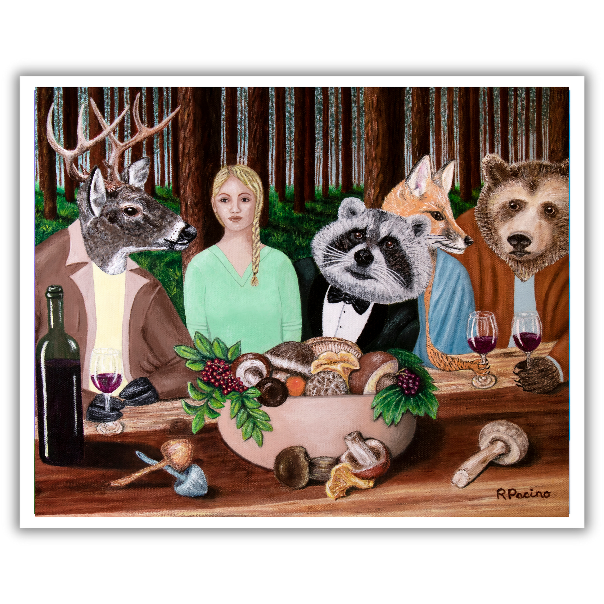 Print of a painting by Roberta Pacino of a woman with animals around a table in a forest setting.