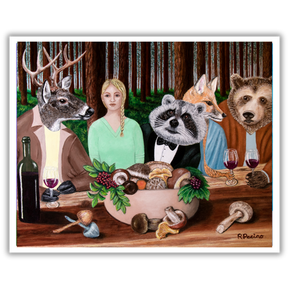 Print of a painting by Roberta Pacino of a woman with animals around a table in a forest setting.