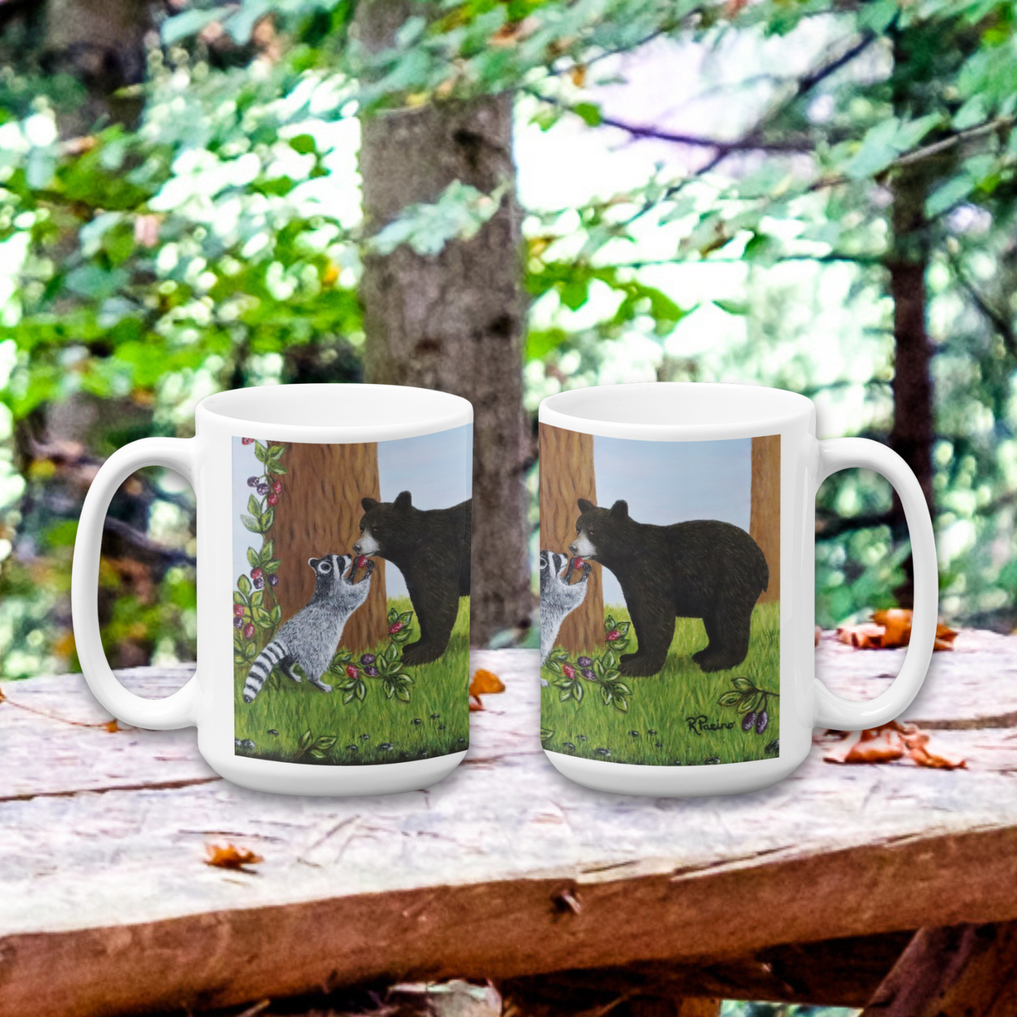 Wildlife Mug – Woodland Animals Coffee Cup 15 oz, Raccoon & Bear Cub Nature Art – Forest Friends by Roberta Pacino