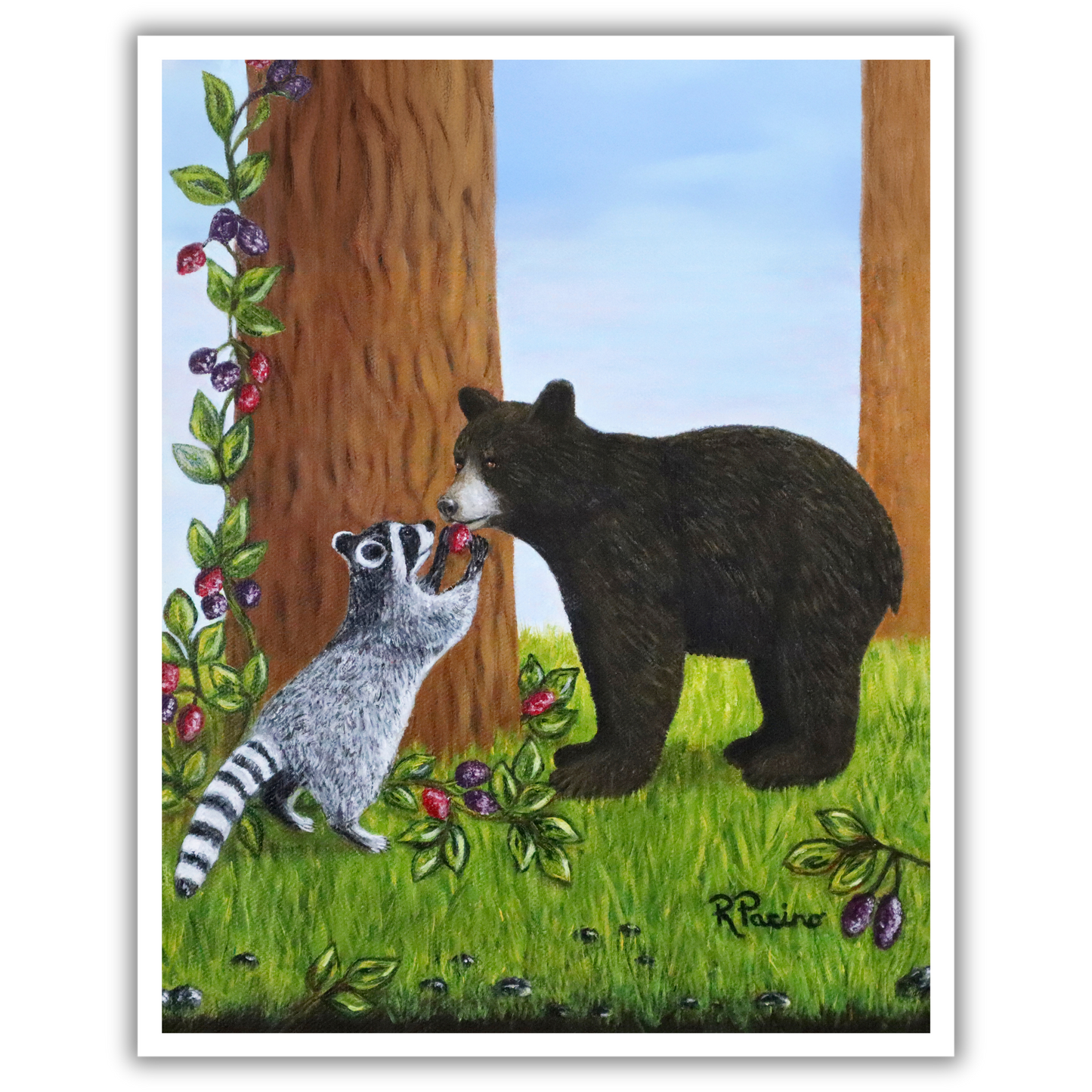 Print of painting by Roberta Pacino of a bear and raccoon interacting in a forest setting with trees and flowers.