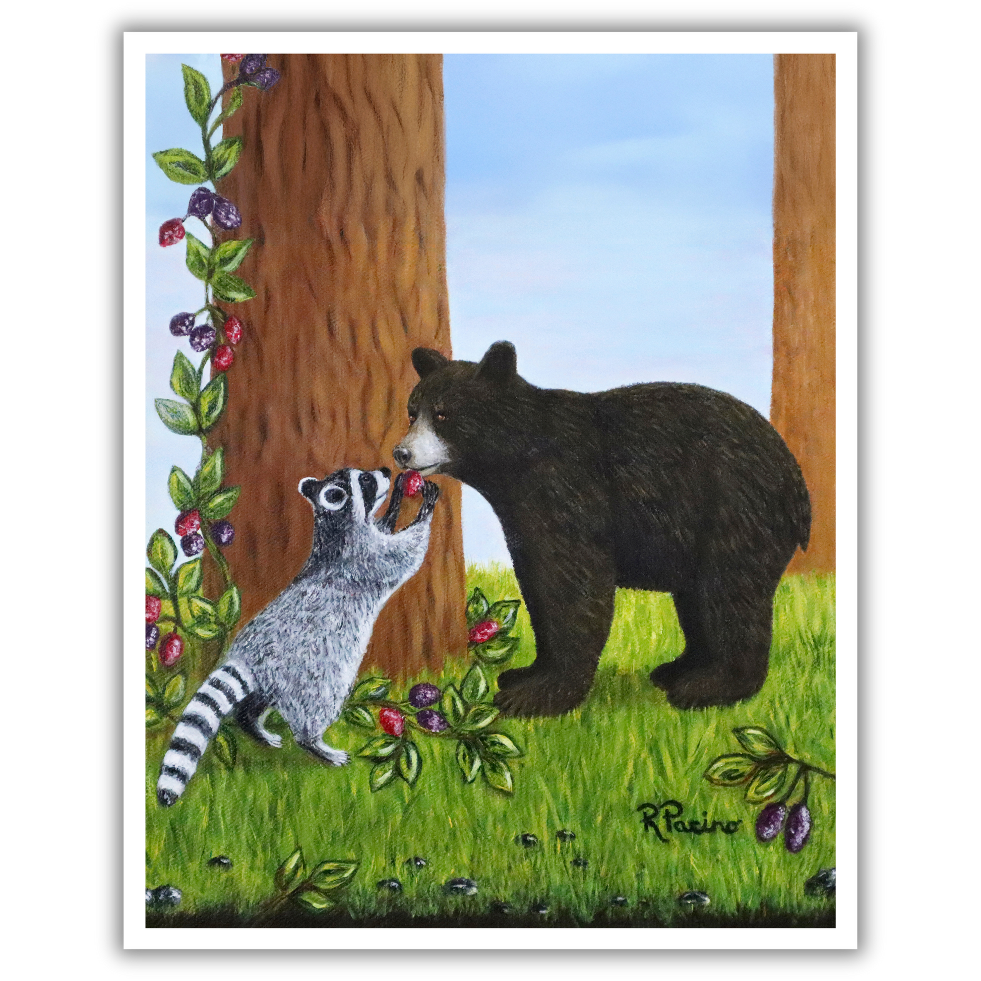 Print of painting by Roberta Pacino of a bear and raccoon interacting in a forest setting with trees and flowers.