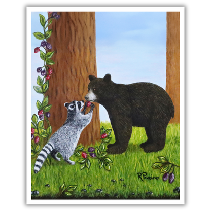 Print of painting by Roberta Pacino of a bear and raccoon interacting in a forest setting with trees and flowers.