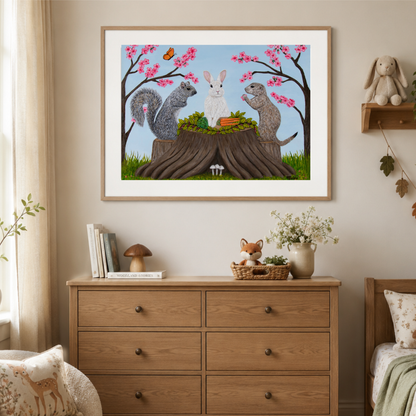 Garden Gathering museum print displayed in a natural wood frame above a dresser in a woodland-inspired child’s room