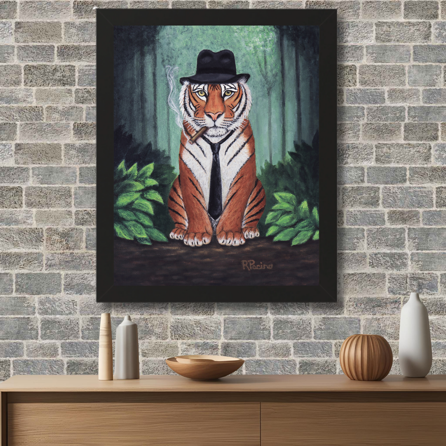 Tiger Wall Art Framed Print, Jungle Noir Animal in Fedora, Vito Stripes by Roberta Pacino