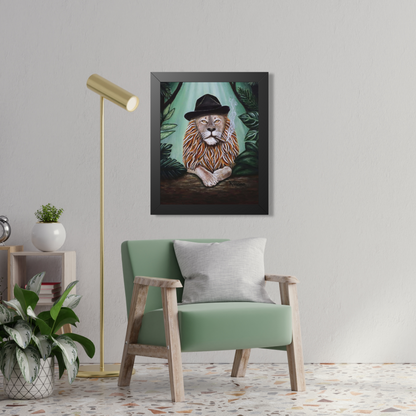 Framed artwork of a lion wearing a fedora by Roberta Pacino, in a modern living room