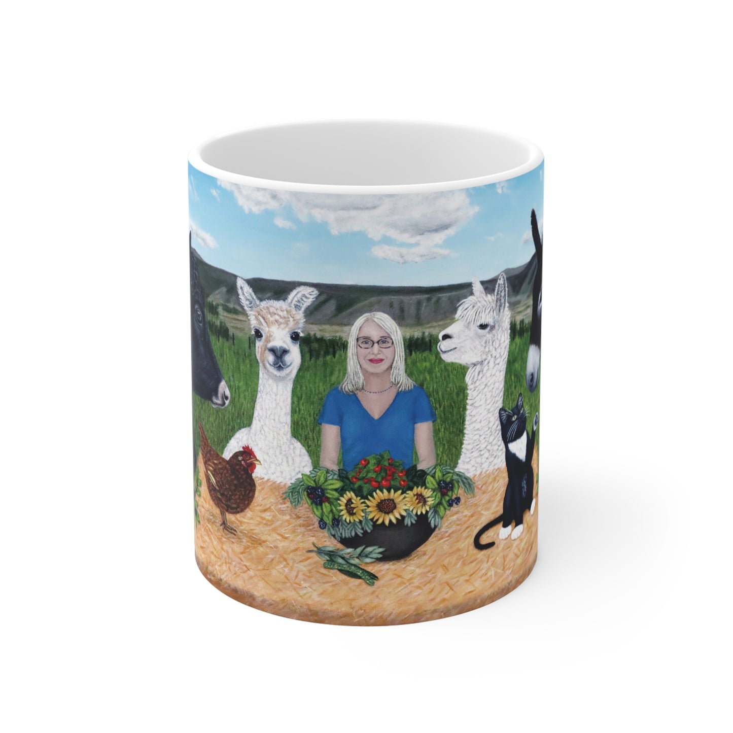 Barnyard Banquet 11 oz farm animal art mug by Roberta Pacino