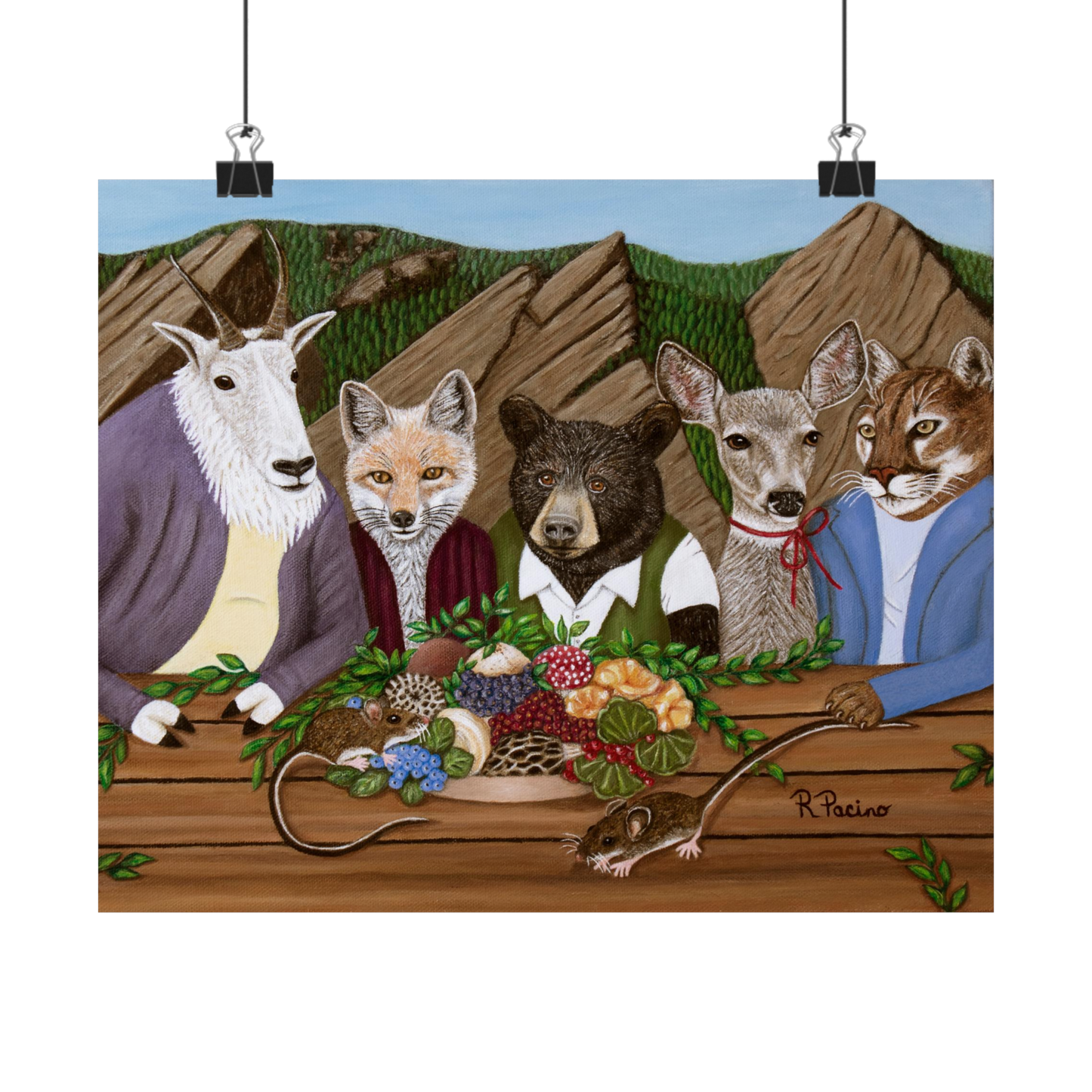 Mountain Meal – Whimsical Wildlife Dining Scene, Majestic Forest Art, by Roberta Pacino