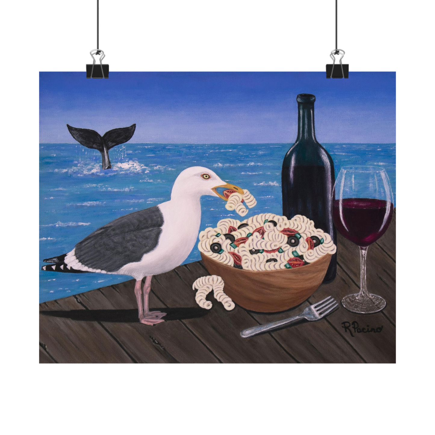 Pasta on the Pier – Whimsical Seagull Dining Art, Coastal Scene, by Roberta Pacino