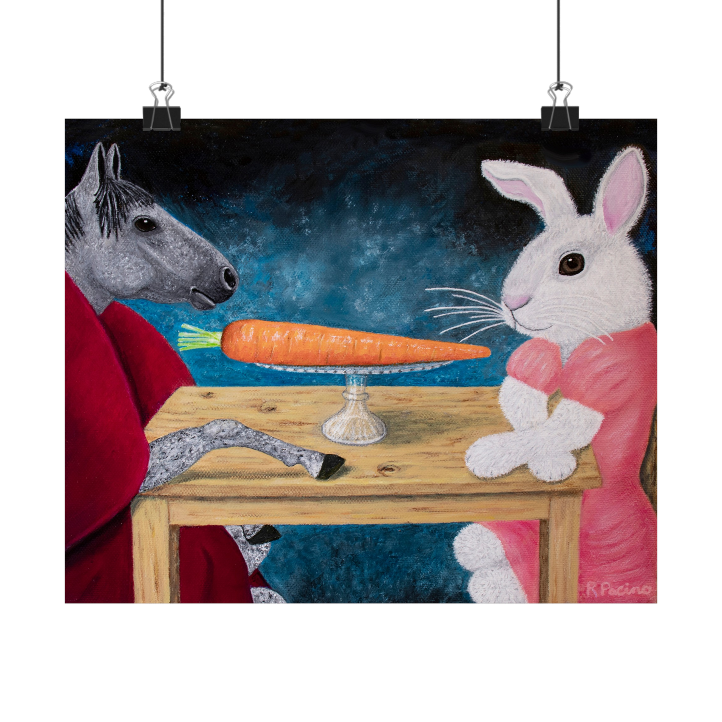 Single Carrot – Whimsical Horse & Rabbit Art, Symbolic Fine Art by Roberta Pacino