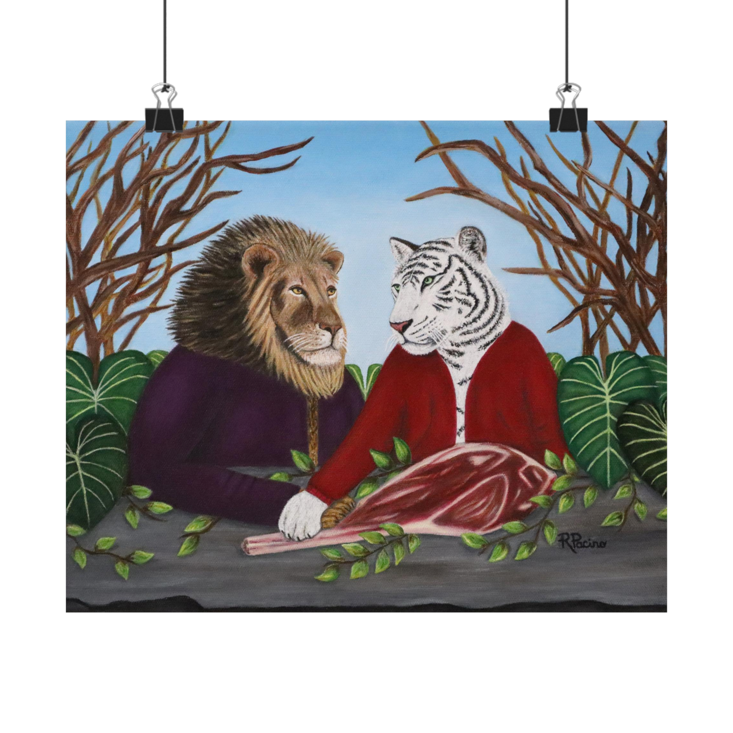 King’s Table – Majestic Lion & Tiger Fine Art, Symbolic Wildlife Print by Roberta Pacino