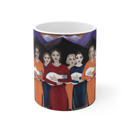 The Dawning 11 oz art mug featuring seven women in original painting by Roberta Pacino