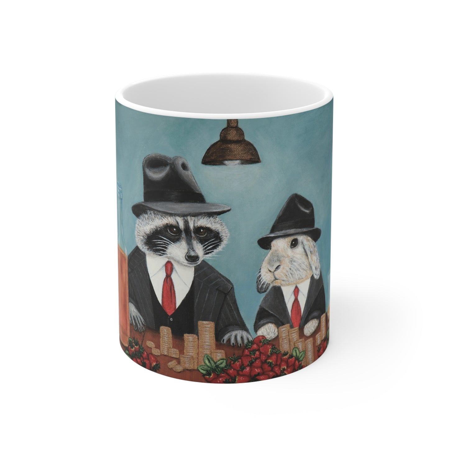 Sweet Deal 11 oz art mug featuring raccoon and rabbit painting by Roberta Pacino