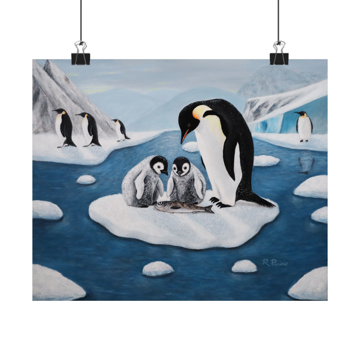 Icy Love – Whimsical Penguin Family Art, Antarctic Scene, by Roberta Pacino