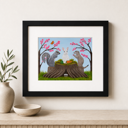 Garden Gathering framed print by Roberta Pacino with rabbit, squirrel and prairie dog beneath pink blossoms