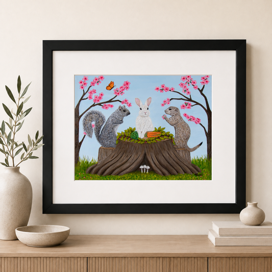 Garden Gathering large woodland animal framed print in black wood frame with white mat