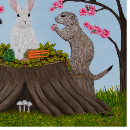 Close-up detail of Garden Gathering showing a white rabbit, prairie dog, vegetables, tree stump, and pink blossoms