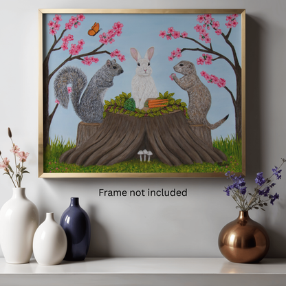 Garden Gathering museum print displayed in a gold frame on a neutral wall above decorative vases