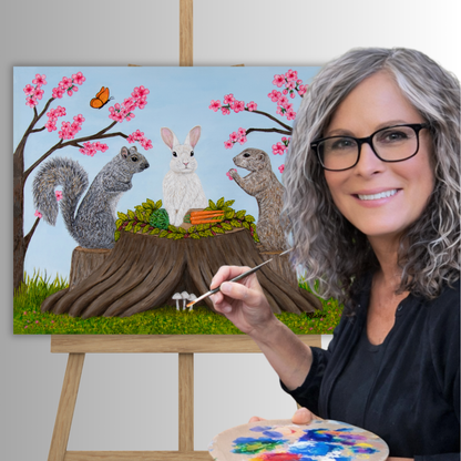 Fine artist Roberta Pacino with her original Garden Gathering acrylic painting